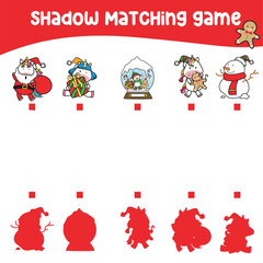 Matching shadow the Christmas items for children. Find the correct shadow. Educational matching game for children with cartoon character. Worksheet for kid. Educational printable activity page. 