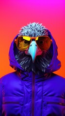 Portrait photorealistic of anthropomorphic fashion Eagle isolated on solid neon background. Creative animal concept. 