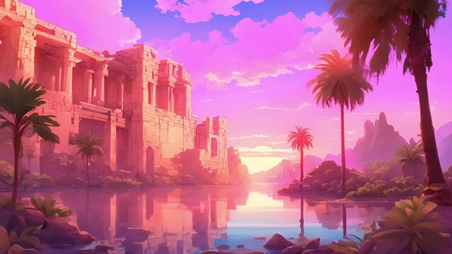 sunset, Hidden Oasis transforms into magical oasis, with pink orange hues reflecting tranquil waters casting warm glow over ancient ruins hidden palm trees. 2d animation