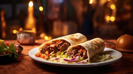 Shawarma sandwich, fresh chicken beef roll. Kebab on the table. AI Generated - obrazy, fototapety, plakaty