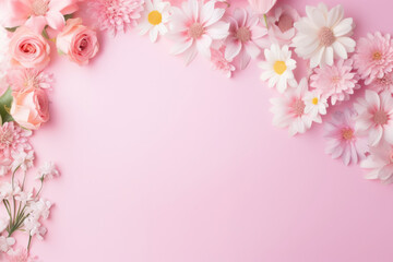 A bouquet of flowers in a pink background, free space. Copy Space