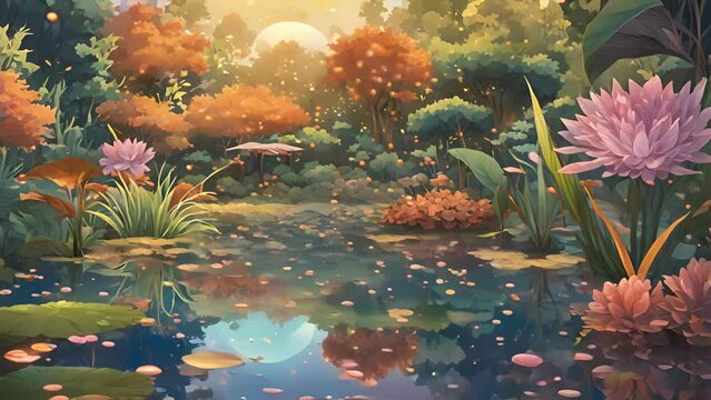 Tucked away corner Quantum Garden, small pond reflects shimmering stars above. upon closer inspection, stars actually tiny glowing orbs floating above waters surface, 2d animation