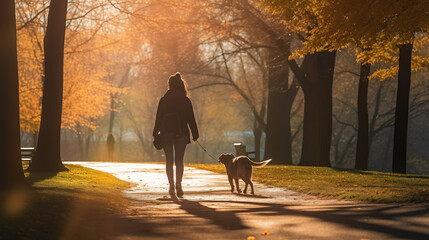 A woman walking with a dog in a public park during both sunny and evening hours. Generative AI.