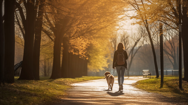 A woman walking with a dog in a public park during both sunny and evening hours. Generative AI.