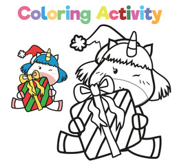 Simple colouring page for kids with Christmas unicorn, a cute unicorn holding christmas gift. Coloring activity for children. Coloring page. Coloring book pages for adults and kids.
