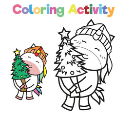 Simple colouring page for kids with Christmas unicorn, cute unicorn holding a christmas tree. Coloring activity for children. Coloring page. Coloring book pages for adults and kids.
