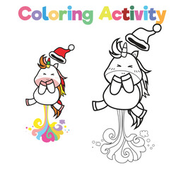 Simple colouring page for kids with Christmas unicorn, a cute unicorn happily jumping. Coloring activity for children. Coloring page. Coloring book pages for adults and kids.