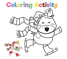 Simple colouring page for kids with Christmas unicorn, a cute unicorn doing an ice skating. Coloring activity for children. Coloring page. Coloring book pages for adults and kids.