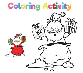 Simple colouring page for kids with Christmas unicorn, a cute unicorn santa claus. Coloring activity for children. Coloring page. Coloring book pages for adults and kids. 