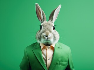 Portrait photorealistic of anthropomorphic fashion Rabbit isolated on solid green background. Creative animal concept. 
