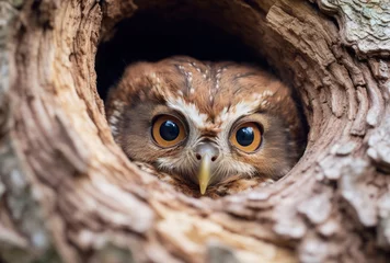 Raamstickers cute owl in nest on tree. Ai generated images © mohammad