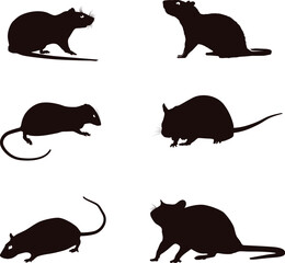 Set of black silhouettes of a rats isolated on a white background vector illustration