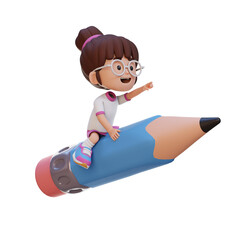 3D girl character riding a pencil and pointing hand