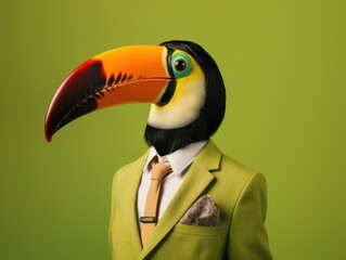 Naklejka premium Portrait photorealistic of anthropomorphic fashion Toucan isolated on solid green background. Creative animal concept. 