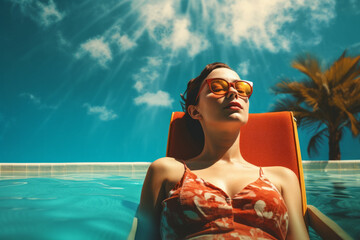Mujer joven tomando el sol en la piscina. - obrazy, fototapety, plakaty