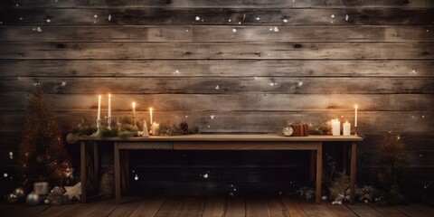 wider view of wooden desk with christmas decor at home in winter comeliness