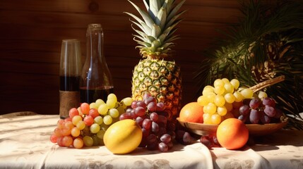 Pineapple, grapes, lemon and other fruits on wooden table. AI Generated