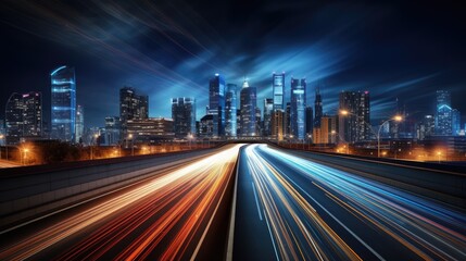 Light trails at night in urban environment. City highway and downtown with skyscrapers. Long exposure. AI Generated