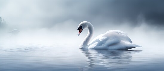 Swan silently descending on water - obrazy, fototapety, plakaty