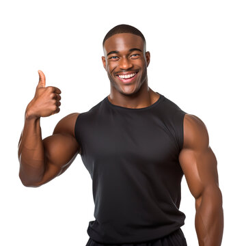 Attractive bodybuilder African American man doing thumbs up. Isolated on white transparent background