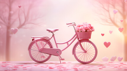 Happy Valentine's day. bicycle and flying hearts. Mother's Day or Women's Day, greeting cards, invitations and posters
