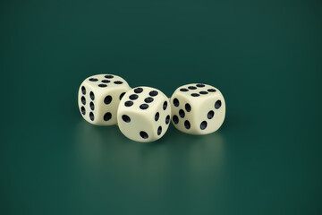 Gaming scene with three dice on green background