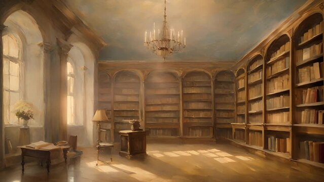 Sunbeams dance across faded pages books, catching swirling dust motes that hang suspended shafts light this tranquil library. stream overlay animation