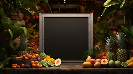 3D Mockup poster empty Blank Frame, hanging on an abstract background with stones, fruits, and more, above a tropical fruit market-inspired display room