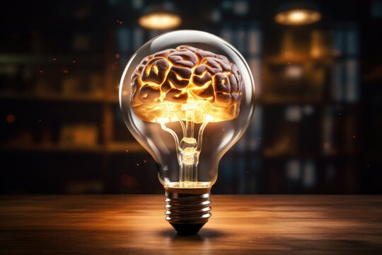 creative representation, showing a light bulb with a brain inside it, symbolizing an idea or intellect