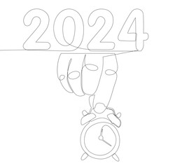 One continuous line of alarm clock with the number 2024. Thin Line holiday Illustration vector concept. Contour Drawing Creative ideas.