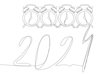 One continuous line of alarm clock with the number 2024. Thin Line holiday Illustration vector concept. Contour Drawing Creative ideas.