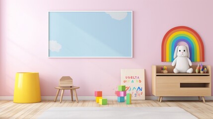 3D Mockup poster empty Blank Frame, hanging on a rainbow-colored wall, above a cheerful and vibrant children's playroom-themed display room