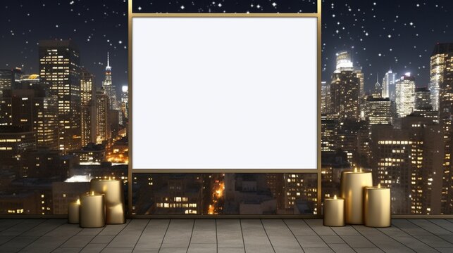 3D Mockup poster empty Blank Frame, hanging on a city skyline at night background with silver and gold Christmas decorations, above a contemporary urban holiday display room