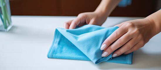 Sanitizing surfaces with a blue cloth to prevent coronavirus in hospitals and public areas. Woman using wet wipe at home. Room cleaning. - obrazy, fototapety, plakaty
