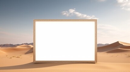 3D Mockup poster empty Blank Frame, hanging on a desert dunes wall, above a nomadic traveler-themed display room