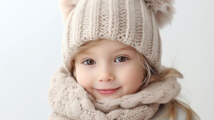 A Portrait, Little blonde girl playing in a warm hat In winter and wear a scarf on a white background.