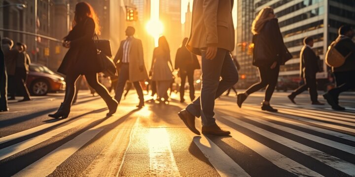 Business people on zebra crossing street, sunset time