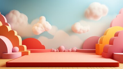 Background podium baby cute product 3d cloud kid children display banner room toy design blue. Podium scene boy background rainbow baby stand studio presentation shower template sale stage poster sky - obrazy, fototapety, plakaty
