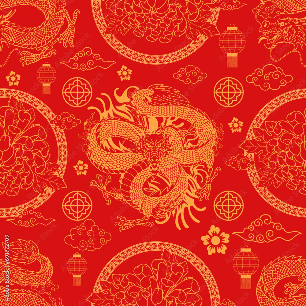 Wall mural Chinese Dragon Seamless Pattern with Asian Element