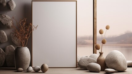 3D Mockup poster empty Blank Frame, hanging on a vintage-inspired abstract background with stones,...