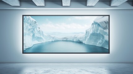 3D Mockup poster empty Blank Frame, hanging on an iceberg wall, above an Arctic explorer's icy expedition-themed display room