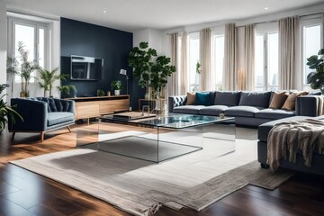 Obraz na płótnie Canvas **spacious living room with glass coffee table and sofa.