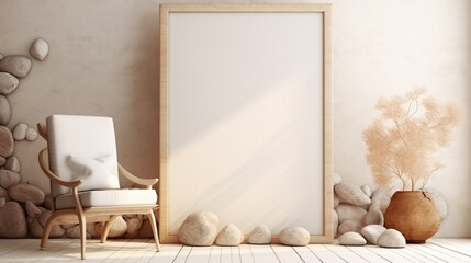 3D Mockup poster empty Blank Frame, hanging on a bohemian abstract wall adorned with stones, dry...