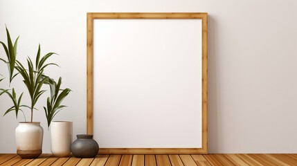 3D Mockup poster empty Blank Frame, hanging on a bamboo-covered wall, above an Asian-inspired display room