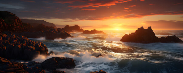 The beauty of a rugged coastline at sunset. Dreamlike atmosphere. The coastline should have rocky...