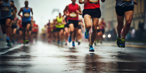 Fototapeta premium Crowd of sports people running outdoors marathon on rainy day