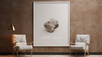 3D Mockup poster empty Blank Frame, hanging on a sophisticated abstract wall adorned with stones, dry fruits, a vase, and a chair, above a luxury modern display room