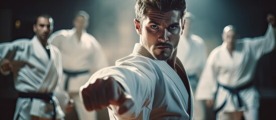 Men engaging in karate training at fitness studio, practicing fight club workout at gym and studying dojo moves as exercise at sports center. Physically active individuals displaying strength, fitness - Powered by Adobe