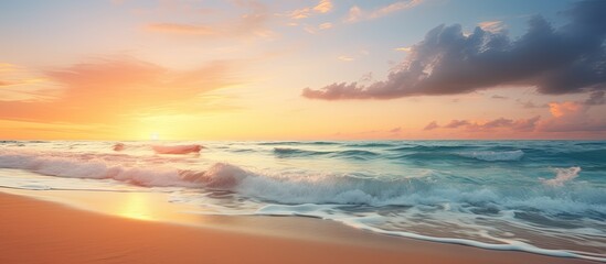 Fototapeta premium Relaxing sunrise/sunset sky, calm sea beach, inspiring tropical seascape, peaceful Mediterranean view.