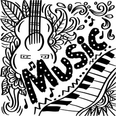 Music notes and guitar. Hand drawn vector illustration in doodle style.